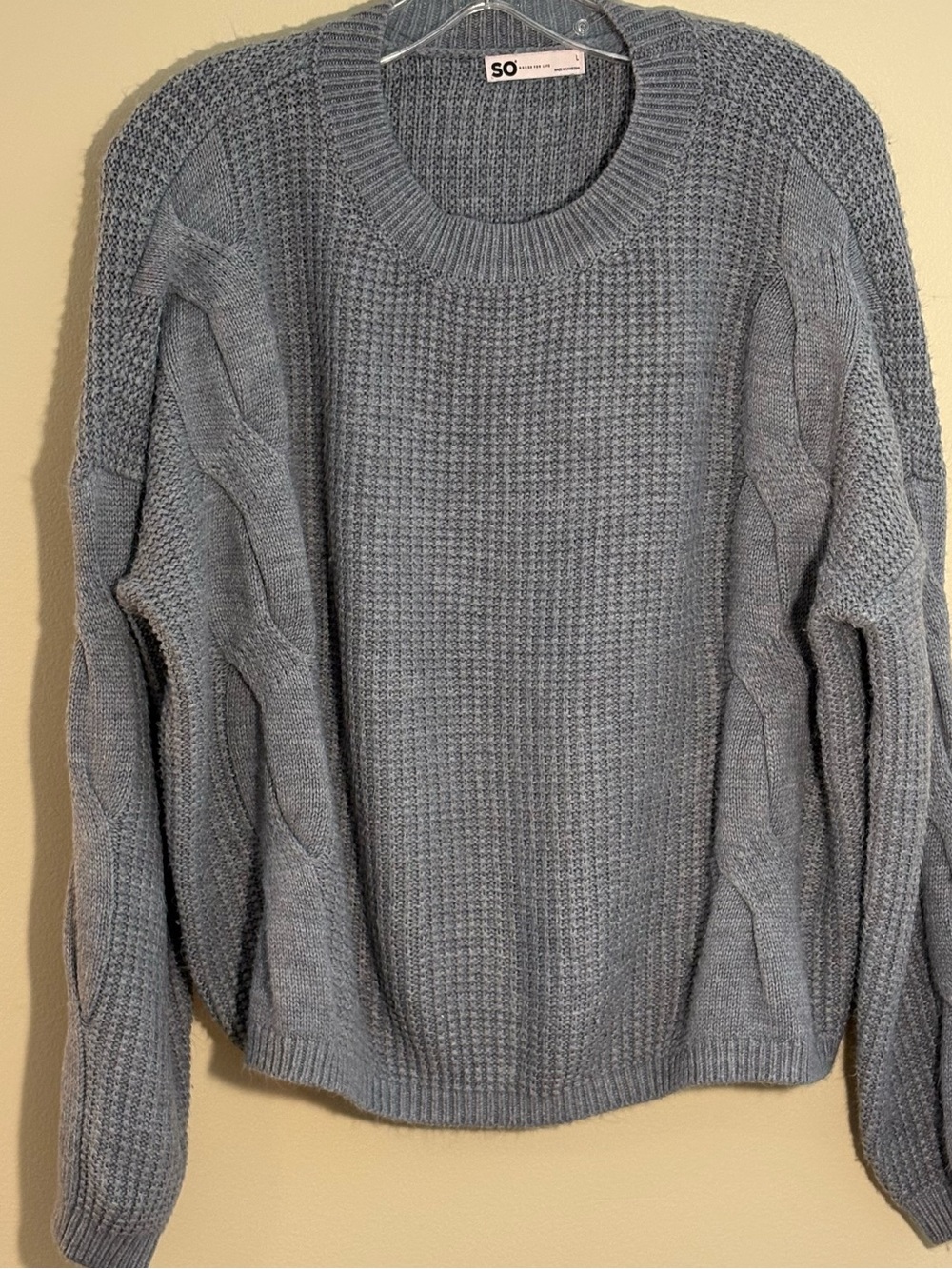 SO Gray Mixed Cable Waffle Knit Crewneck Sweater. Size-L